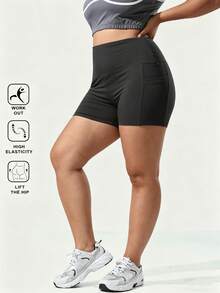Plus Size Women High Waist Pocketed Solid Color Shorts, Slimming And Lifting Effect, Tight Fitness Yoga Pants, Non-Sheer Suitable For Casual Sports Wear - Black - View 5
