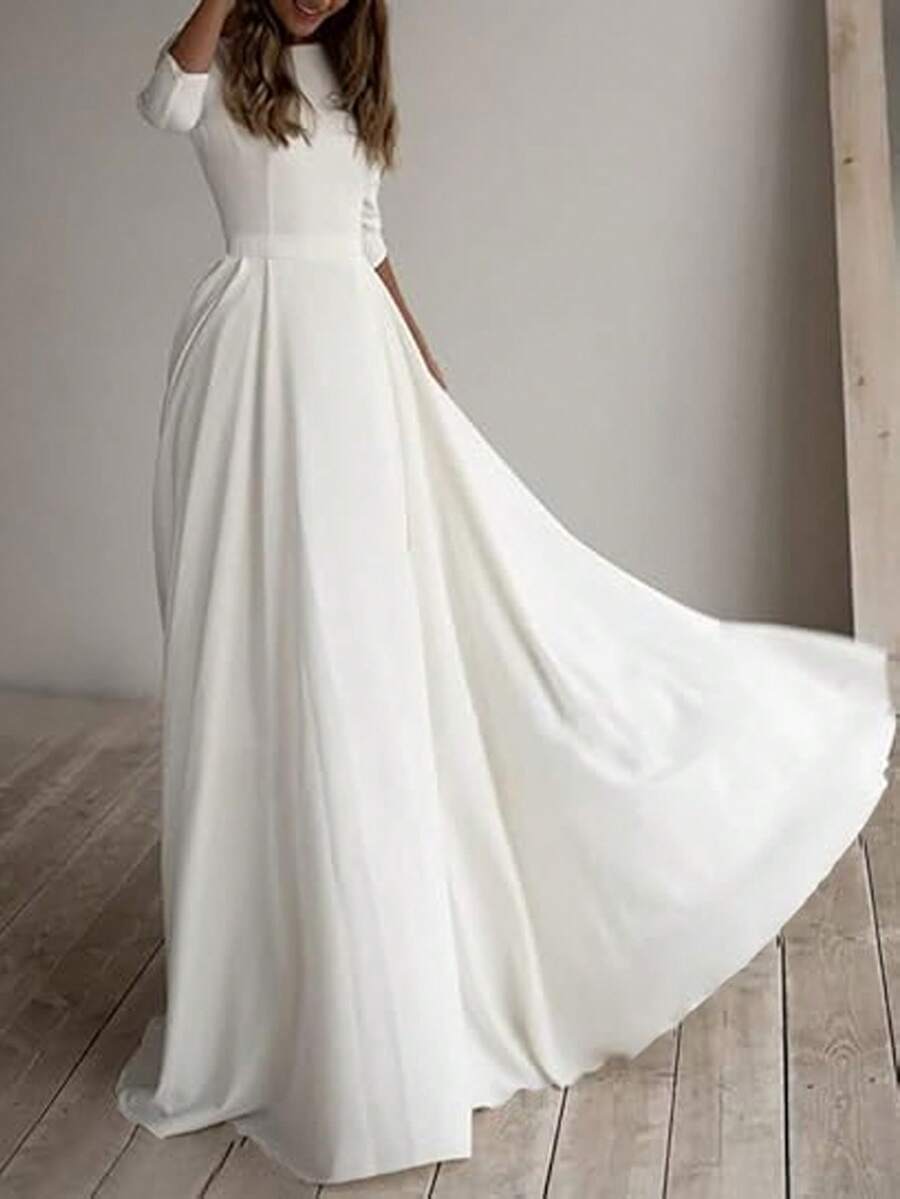 Fashionable Solid Color Minimalist Long Sleeve Zipper Pleated Wedding Dress Spring White - White - View 1