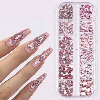 12格多形状3D平面美甲水钻，美甲宝石玻璃AB水晶装饰工具套装，美甲饰品钻石，适用于DIY手工、面部、服装、美甲艺术工艺装饰