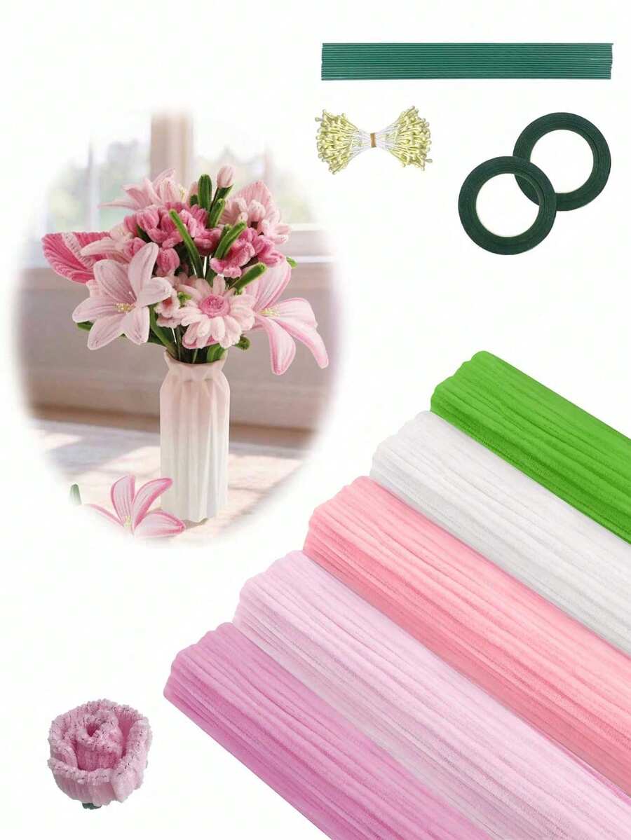 5pcs/Set Multi-Color Tubular Floral Craft Cleaning Supplies Kit, Includes Stems, Green Tapes, And Stamens, Suitable For Floral Arrangement, Classroom Projects, And Decoration