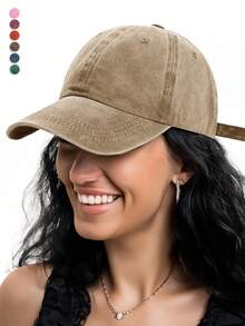 1 pieza Gorra de béisbol con visera curva vintage desgastada, unicolor, para primavera/verano, unisex - Caqui - Ver 12