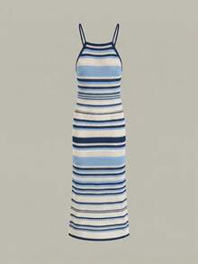 Vivid Style Sexy Hollow Out Sleeveless Fitted Striped Knit Beach Dress, Suitable For Summer Vacation, Christmas, New Year Spring - Royal Blue - View 4