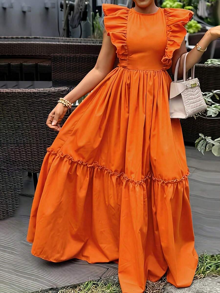 Women's Casual Bohemian Style Linen A-Line Maxi Dress With Ruffle Hem And Round Neck Short Sleeves Elegant Summer - Burnt Orange - View 1