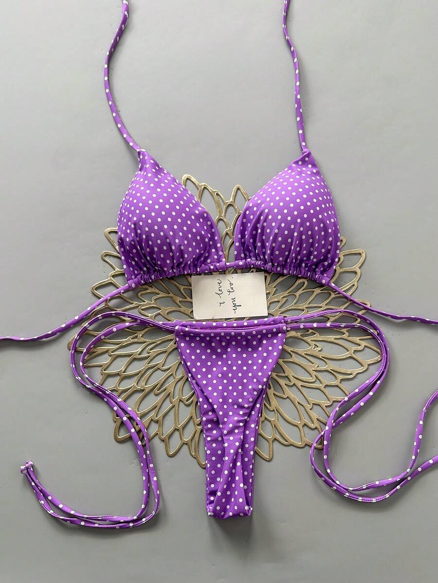 Bộ bikini hai mảnh chấm bi buộc dây cổ gợi cảm dành cho nữ, thích hợp cho kỳ nghỉ hè, đi biển. - Màu tím - Xem 1