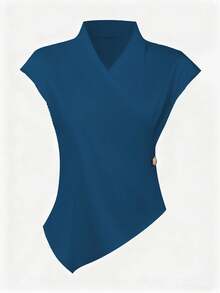 Elegant Asymmetric/Asymmetrical Crossover Polyester Blouse, Waist-Cinching Slimming Design, Suitable For Office Wear In Spring And Summer - Navy Blue - View 2