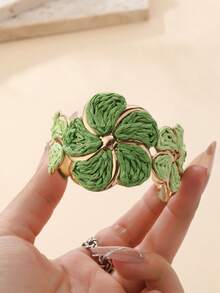 1 pieza Brazalete de flores de ratán estilo vacaciones, brazalete de flores de metal de color contrastante, accesorio de nicho para vacaciones en la playa, fiestas de verano, reuniones con amigos, uso diario, estilo retro - Verde - Ver 6