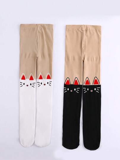 2 Pairs Girls' Footless Tights, Pantyhose, Dance Tights, Dance Pants, White, Skin Tone, Khaki, Apricot, Red, Black, Color Blocking, Patchwork, Multicolor, Printed, Cartoon Cat, Cat Print, Letter, Suitable For Spring/Summer/Autumn/Winter, Cute, Minimalist, Academic Style, Suitable For Daily Wear, Students, Girls, Can Be Paired With Skirts, Back To School Season