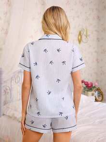 Striped Bow Print Pajama Set Sweet Cute Lapel Button-Up Top And Bow Shorts Women's Sleepwear And Loungewear - Blue - View 2