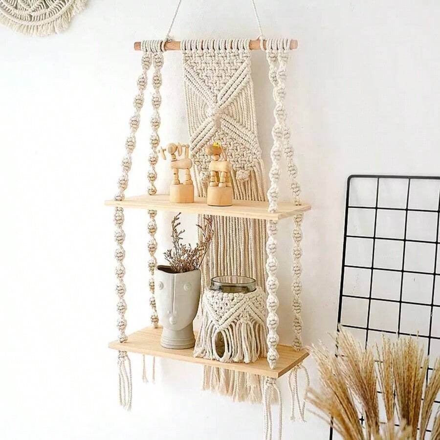 1pc Handmade Bohemian Woven Wall Hanging Shelf, 2-Tier Wooden Design, Can Hold Books, Potted Plants, Decor, Suitable For Living Room, Office, Bedroom, Vacation Rental