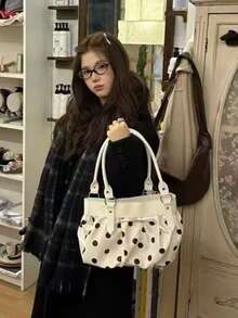 Korean Niche Design Motorcycle Bag, Retro Polka Dot Versatile Fashionable Minimalist Sexy Lady Underarm Shoulder Bag, Stylish For Commuting, Going Out, Daily Work - White - View 2