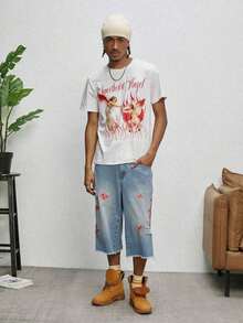 Manfinity Roughcore Men's Casual Short Sleeve Crew Neck T-Shirt With Creative And Versatile Playing Card Graphic Design - 咖啡棕 - 查看 6