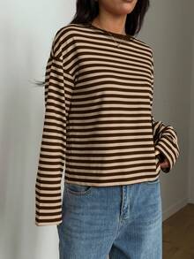 SDNGED Women's Casual Top, Striped Color Block Ribbed Fabric, Everyday Wear Spring/Autumn Vacation - Mocha Brown - View 6