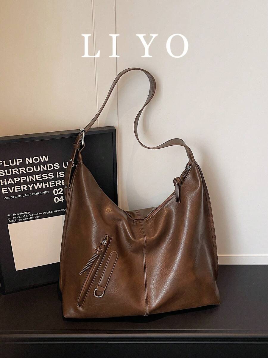 Retro Large Capacity Women's Shoulder Bag, Versatile Soft Solid Color Underarm Bag