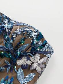 Astony One 女士新款奢华优雅重工刺绣蓝色无肩带晚礼服，闪亮亮片紧身连衣裙，性感露背设计，适合盛大晚宴、毕业典礼、婚礼、订婚、生日派对、红毯活动等正式场合。 - 藍色 - 查看 5