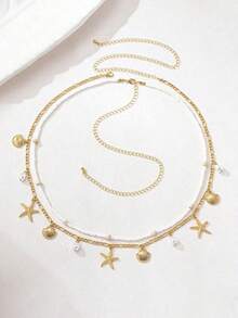 1 Set Of 2 Bohemian Style Ocean Series Shell & Starfish Beaded Women Waist Belt - White - View 2