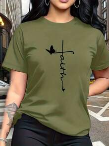 The "Faith" Design Incorporates Christian Cross And Butterfly Pattern Prints, Which Are  And Fashionable. The Simple Round-Neck, Casual, Versatile Short-Sleeve Women's T-Shirt Is Suitable For Leisure, Travel, Vacations, And Other Activities. 915Summer Pure Cotton - màu xanh lá - Xem 3
