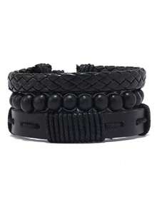 4件套男士时尚黑色PU皮手表，简约风格，商务简约石英表，黑色编织表带，适合日常佩戴，节日礼物 - 黑色 - 查看 5