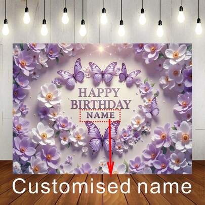 Phông nền sinh nhật hình bướm tím có thể tùy chỉnh tên, thiết kế hoa bướm tím, hoàn hảo cho các bữa tiệc sinh nhật, phông nền bàn bánh kem, đạo cụ chụp ảnh. Biểu ngữ vinyl.