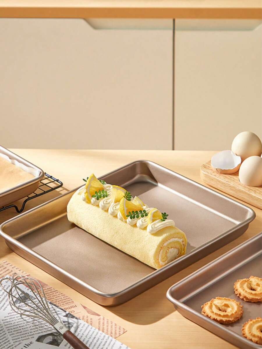 1pc Gold Carbon Steel Non-Stick Baking Tray, Large Size Baking Sheet Suitable For Baking Cookies, Bread, Cakes, Available In Rectangle/Square, Large/Medium/Small, Deep/Shallow Baking Pans, Suitable For Baking And Roasting