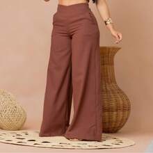 Women's Linen Wide-Leg Pants With Pockets, Simple Zipper, Perfect For Evening, Daily Wear, Birthday Parties, And High Waist. - Rỉ Nâu - Xem 1