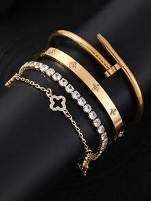 4pcs 18K Gold Plated Luxury Stainless Steel Four-Leaf Clover Fully Paved Crystal Bracelet Set, Suitable For Women's Birthday, Party, Wedding, And Special Occasions - Style 4 - View 8