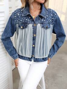 Women's Denim Jacket With Pearl Beading And Mesh Collar - Blue - View 5
