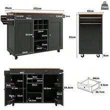 Modern Kitchen Island Table (102*45*92 Cm), Kitchen Cabinet, Dining Cabinet, Wooden Dining Cart, Buffet Table, Multifunctional Dining Table With Storage, Black - Black - View 5