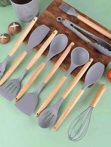 12-Piece Silicone Non-Stick Kitchen Utensil Set - Spatula And Spoon - Light Grey - View 3