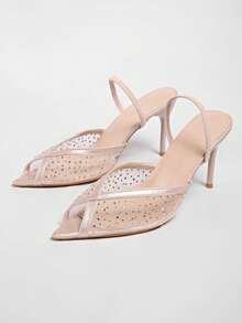 Mesh Lace Breathable High Heel Shoes, Thin Heel Sexy Open Toe Backless Bow Tie Sandals For Women,Summer Sandals - Champagne - View 5