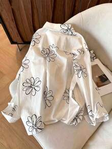 Women's Floral Print Button Front Casual Long Sleeve Shirt - White Background With Black Flowers - View 5