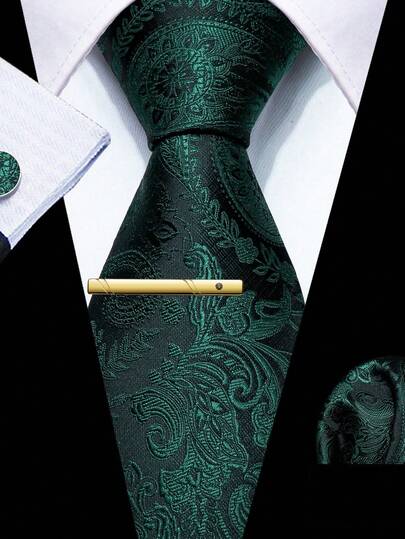 Bộ cà vạt nam màu xanh đậm dệt jacquard - Bao gồm khăn cài túi áo, khuy măng sét và kẹp cà vạt mạ vàng, cà vạt cao cấp trang trọng dành cho công sở, phụ kiện và lễ hội.