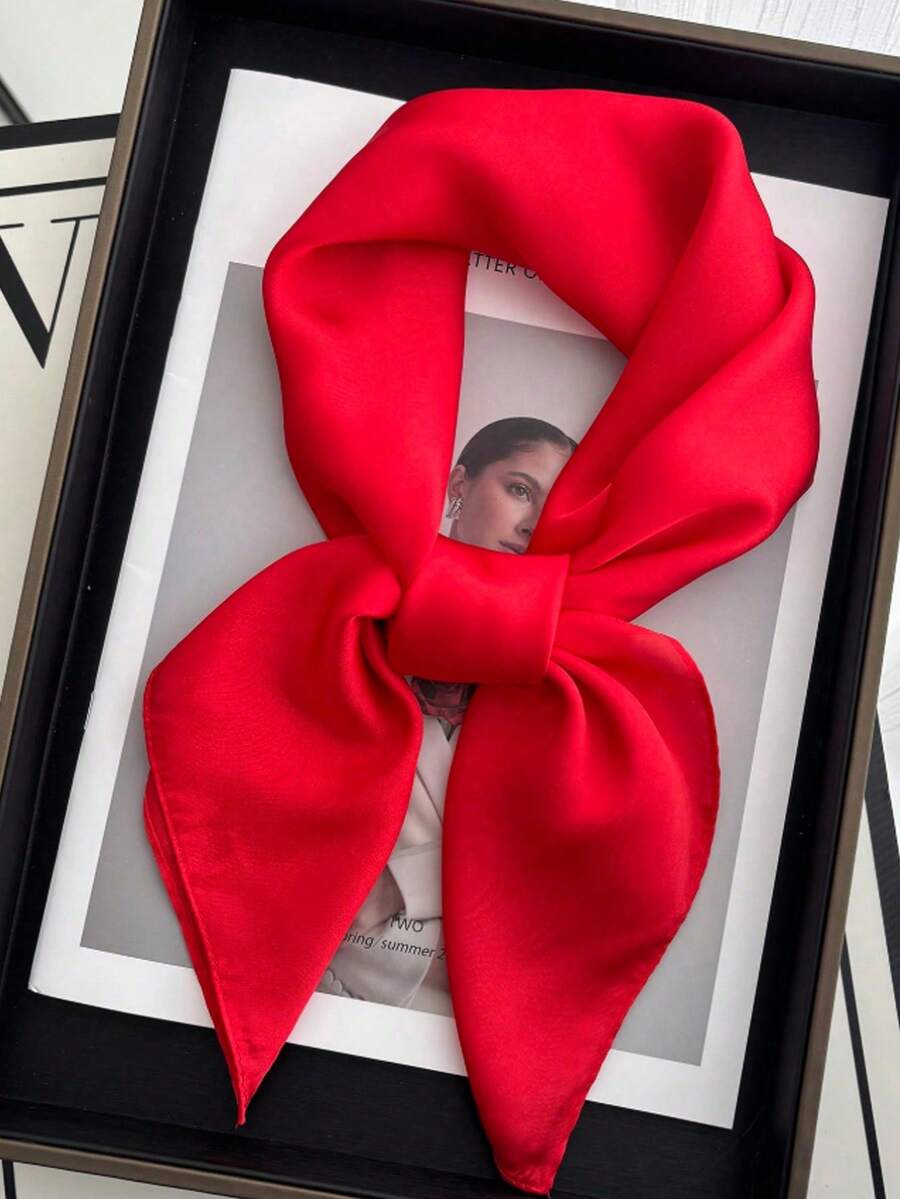 1pc Women's Solid Color Print Square Silk Scarf Headscarf Decorative Silk Scarf Suitable For Daily Use - Red - View 1