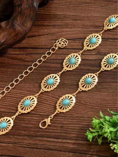 1. 时尚性感小众设计微镶嵌绿松石花朵几何椭圆拼接腰链，百搭简约复古镂空椭圆拼接腰链/身体链，适合女性日常、度假、派对穿着、服装搭配