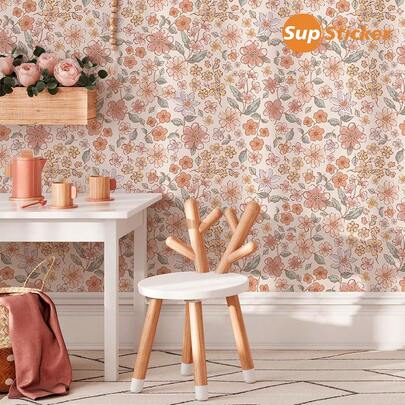 SUPSTICKER 1pc Multi-Color Retro Floral Peel And Stick Wallpaper, Made Of PVC, Easy To Install, Waterproof, Dirt-Resistant, Easy To Clean And Durable, Suitable For Children's Room, Girl's Room, Bedroom, Desk, Wardrobe, Cabinet, Wall Decor Renovation, 17.72*74.78/118.11/196.85inch
