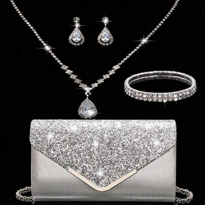 LETODE Rhinestone Jewelry Set Bling Necklace Earrings Bracelets Set For Women Evening Clutch Bag Bridal Wedding Silver Sparkling Glitter V-Shaped Flap Elegant Envelope Bag Fashion Metal Decoration Purses For Women Prom With Detachable Metal Chain For Wedding And Party Shoulder Bag For Women Clutch Purses For Ladies Bag Women's Handheld Evening Bag Versatile Handheld Bag Cocktail Party Wedding New Wallet Banquet Bag