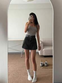 Chân váy denim ngắn dáng suông, màu trơn, cạp trung bình, thích hợp cho nữ, mùa xuân/hè. - Màu xám đen - Xem 7