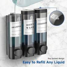 No-Drill Wall Mount Soap Dispenser, 3-Chamber Shower Pump For Shampoo, Soap Dispenser, Shower Pump, Shampoo And Conditioner Dispenser, Shower Soap Dispenser,Conditioner And Body Wash, Adhesive Triple Liquid Soap Dispenser With Security Lock & Waterproof Labels For Bathroom, Hotel & RV - Black - View 1