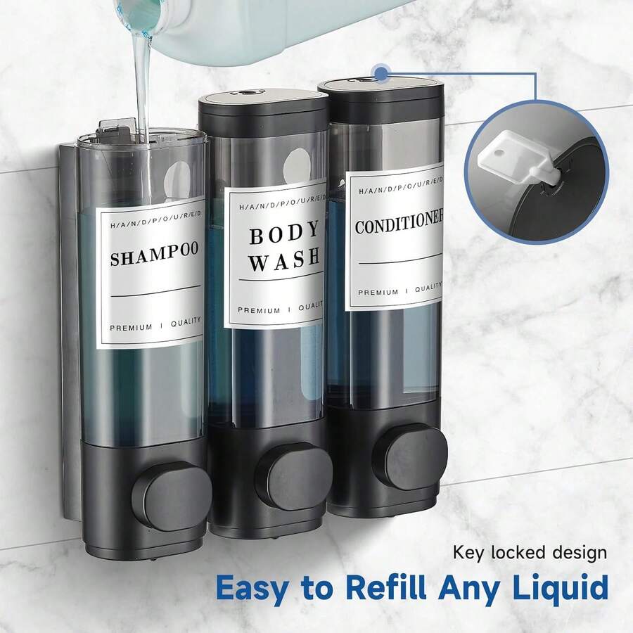 No-Drill Wall Mount Soap Dispenser, 3-Chamber Shower Pump For Shampoo, Soap Dispenser, Shower Pump, Shampoo And Conditioner Dispenser, Shower Soap Dispenser,Conditioner And Body Wash, Adhesive Triple Liquid Soap Dispenser With Security Lock & Waterproof Labels For Bathroom, Hotel & RV - Black - View 1