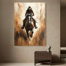 Framed 1 pieza de impresión de lienzo dinámico de cowgirl,  - Jinete ecuestre en tonos sepia, arte de pared de lienzo envuelto con marco de madera, pintura de vida de rancho occidental para decoración del hogar, arte ecuestre dinámico | Elegancia rústica | Arte de lienzo con marco, arte de pared de cowgirl - Enmarcado - Ver 3