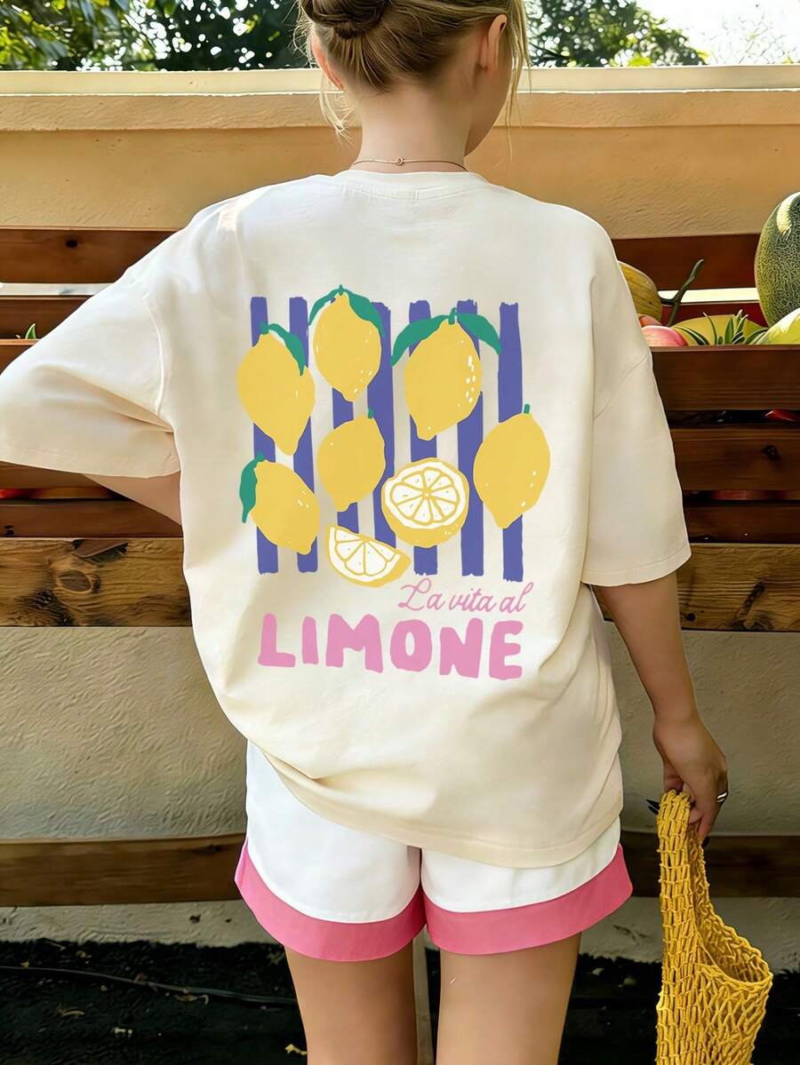 1件装少女柠檬水果印花短袖T恤，学生童装，女童夏季上衣，男女通用少女服装 - 杏色 - 查看 1