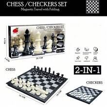 Juego de ajedrez y damas portátil magnético y plegable 2 en 1, esencial de entretenimiento para viajes - Blanco y Negro - Ver 1
