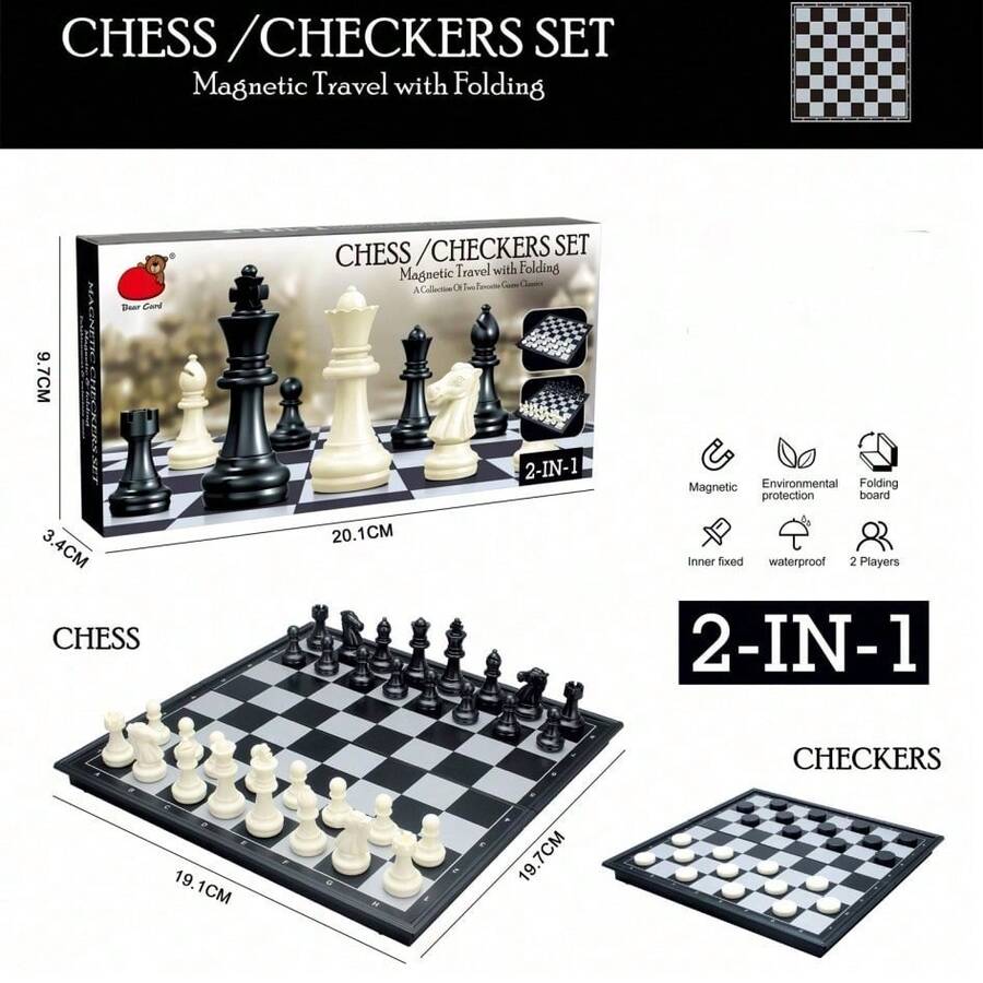 Juego de ajedrez y damas portátil magnético y plegable 2 en 1, esencial de entretenimiento para viajes - Blanco y Negro - Ver 1