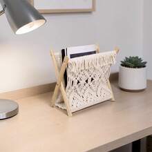 Small Macrame Magazine Holder With Wooden Frame Boho Style Woven Book Rack For Living Room Coffee Table - Beige - View 5