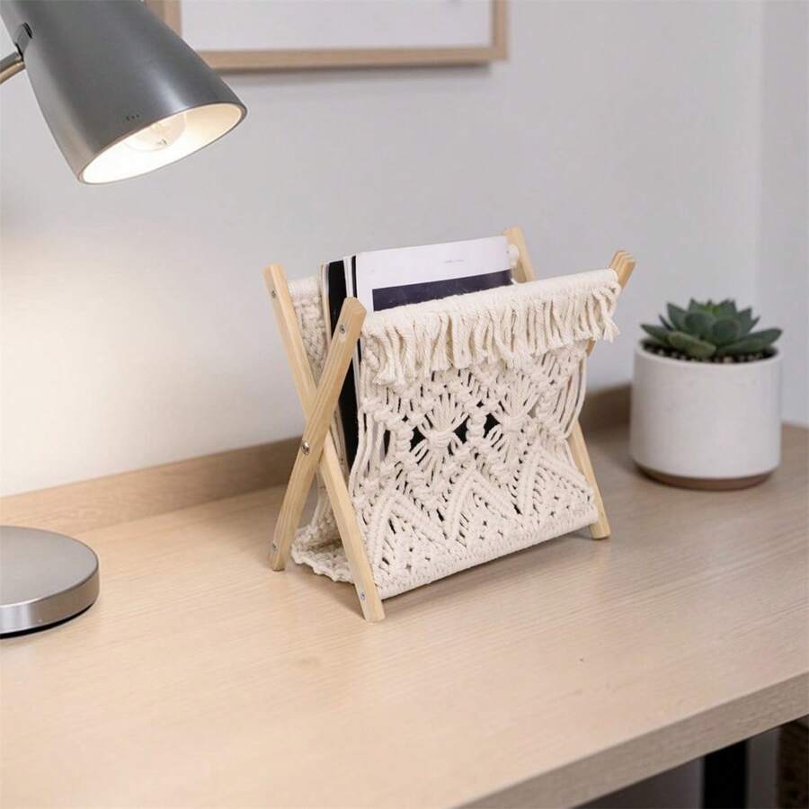 Small Macrame Magazine Holder With Wooden Frame Boho Style Woven Book Rack For Living Room Coffee Table - 米色 - 查看 1