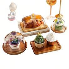 1 pieza Soporte para pastel de bambú y madera con plato de vidrio, bandeja de servir postres y pasteles, juego de tabla para quesos - Ver 4