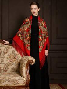 1pc Bohemian Vintage Printed Polyester Large Square Scarf With Tassels, Versatile Scarf Shawl For All Seasons - Multicolor - View 7