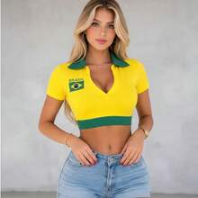 Cropped Top With Collar, World Cup Brazil Design, In Supplex Fabric With Padding. - 黃色和綠色 - 查看 4