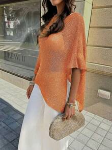 FOR BEAUTY Women's Summer New Knit Top, Casual Style, Orange Solid Color Loose Off-Shoulder Cover-Up, Bohemian Style, Suitable For Beach And Vacation - Orange - View 6