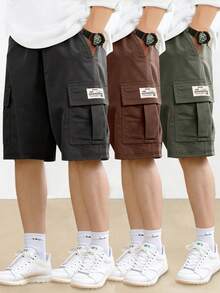 3 piezas Pantalones cortos tipo cargo informales para exteriores para chico adolescente con bolsillos, primavera y otoño - Negro - Ver 7