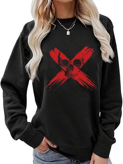 Sweatshirt For Women - Gothic Style X Skull Print Sweatshirt - Black And Red Pullover Sweater, Decorated With White X And Skull Logos, Round Neck, Long Sleeves, Casual Winter Layering Piece, Punk Style Outfit (Machine Washable) - Long Sleeve Tops, Spring, Bride To Be